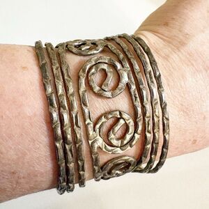 CUFF BRACELET Silver Tone Hammered Open Metal Scroll Style Statement Fashion